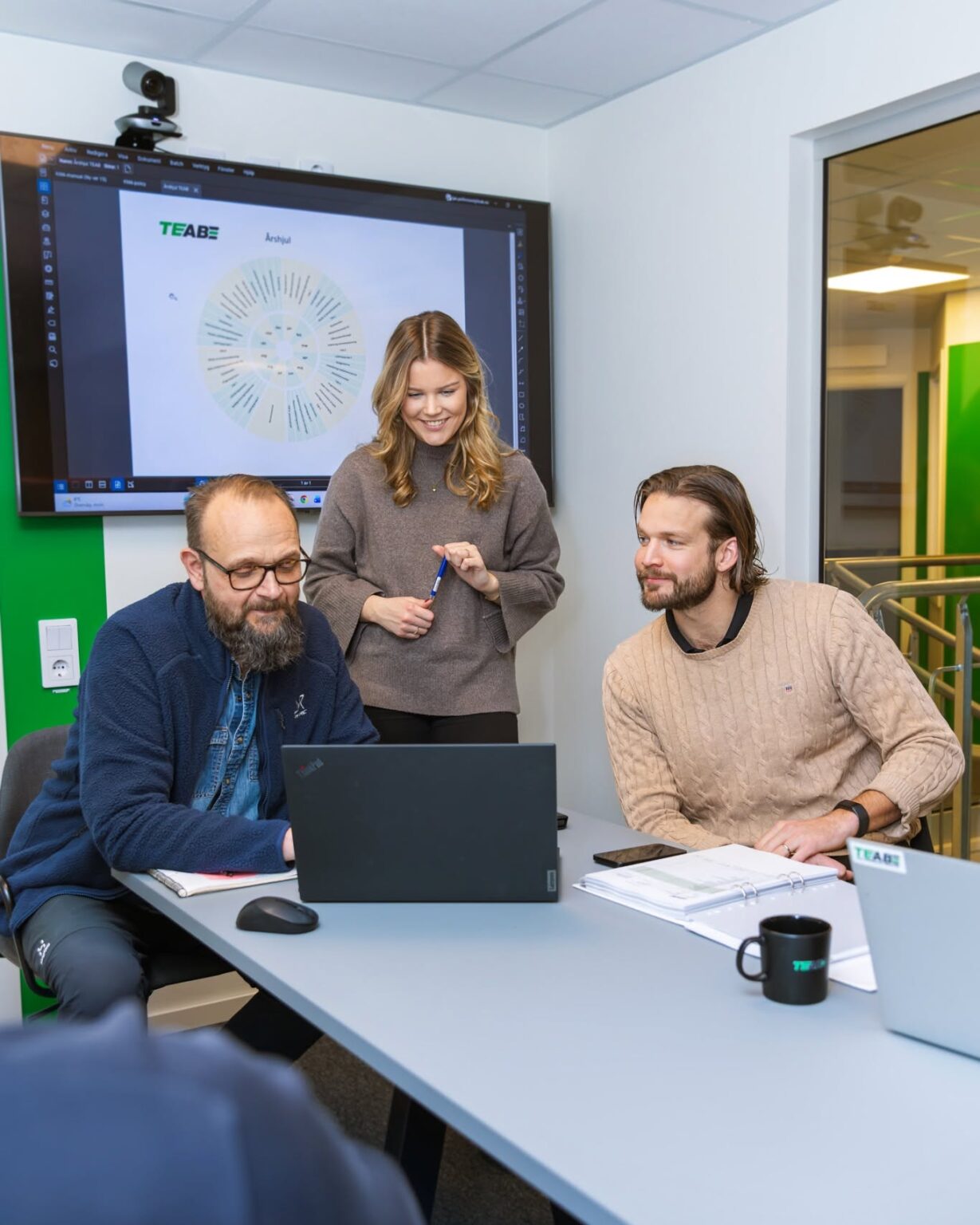 Tre TEAB-medarbetare i konferensrum diskuterar årshjul på storskärm, med laptop och pärm på bordet.